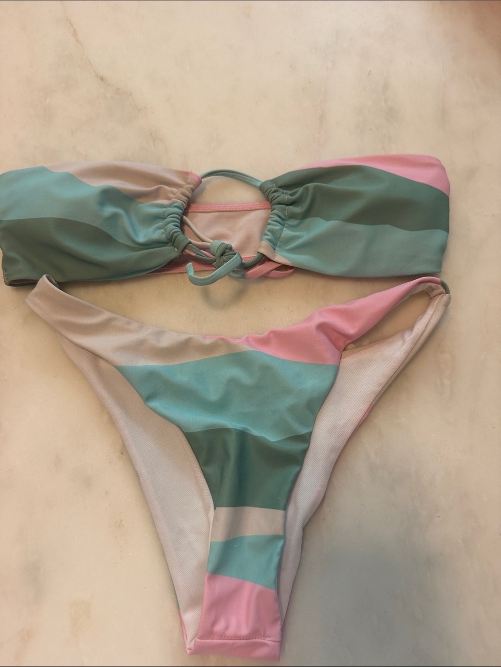 Striped Pastel Bandeau Bikini Set - Pink, Mint & Cream SHEIN